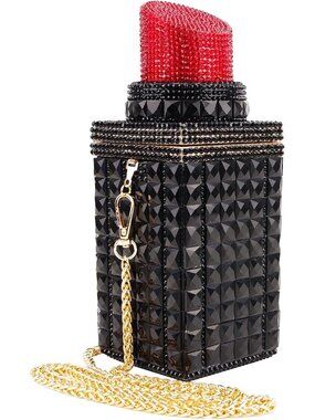 Women's Black Lipstick Shape Crystal Glitter Clutch Sparkly Banquet Handbag